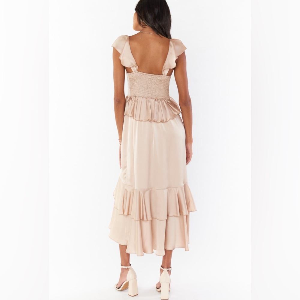 NWT Show Me Your Mumu Reese Ruffle Maxi Dress - Champagne Satin Formal Size XS - Picture 2 of 5
